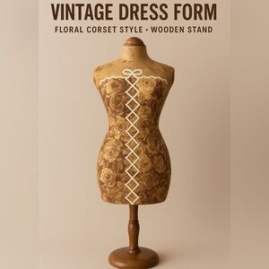 Decorative Vintage Floral Corset Dress Form on Wooden Stand Mannequin